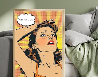 Könnte beinhalten: Gerahmter Pop-Art-Druck mit einer schockierten Frau, die sich die Hand an den Kopf hält. Die Sprechblase zeigt den Text "OH MY GOD". Das Kunstwerk verwendet kräftige Linien und eine lebendige Farbpalette aus Orange, Gelb und Rot.