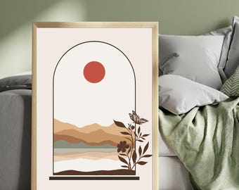 Desert Boho Art Print with Warm Earth Tones, Red Sun & Botanical Silhouette – Minimalist Nature Wall Art for Neutral Boho Home Decor