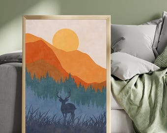 Desert Boho Art with Burnt Orange Mountains, Deep Blue Forest & Deer Silhouette – Minimalist Nature Landscape Print for Rustic Wall Decor