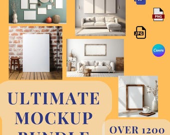 Puede incluir: Imagen promocional que muestra un paquete de maquetas con varias escenas de diseño de interiores. La imagen incluye marcos en blanco, un sofá y elementos decorativos. El texto dice "ULTIMATE MOCKUP BUNDLE" y "OVER 1200 MOCKUPS".