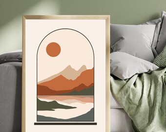 Desert Boho Art Print with Terracotta, Beige, Olive & Burnt Orange – Minimalist Mountain Sunset Wall Decor for Boho Living Room