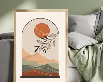 Könnte beinhalten: Gerahmter Kunstdruck mit einem abstrakten Landschaftsdesign. Das Kunstwerk zeigt eine warme Farbpalette mit Orangetönen, Grün und Braun, die Berge und eine Sonne darstellen. Ein schwarzer Bogen und ein Zweig mit Blättern rahmen die Szene ein.