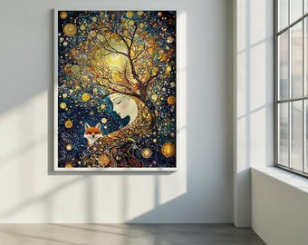 Baum des Lebens Spirituelle Kunst • Gold Blaue Göttin Druck mit Fuchs • Mystische Boho Wand Dekoration • Göttlich Weiblich Natur Illustration