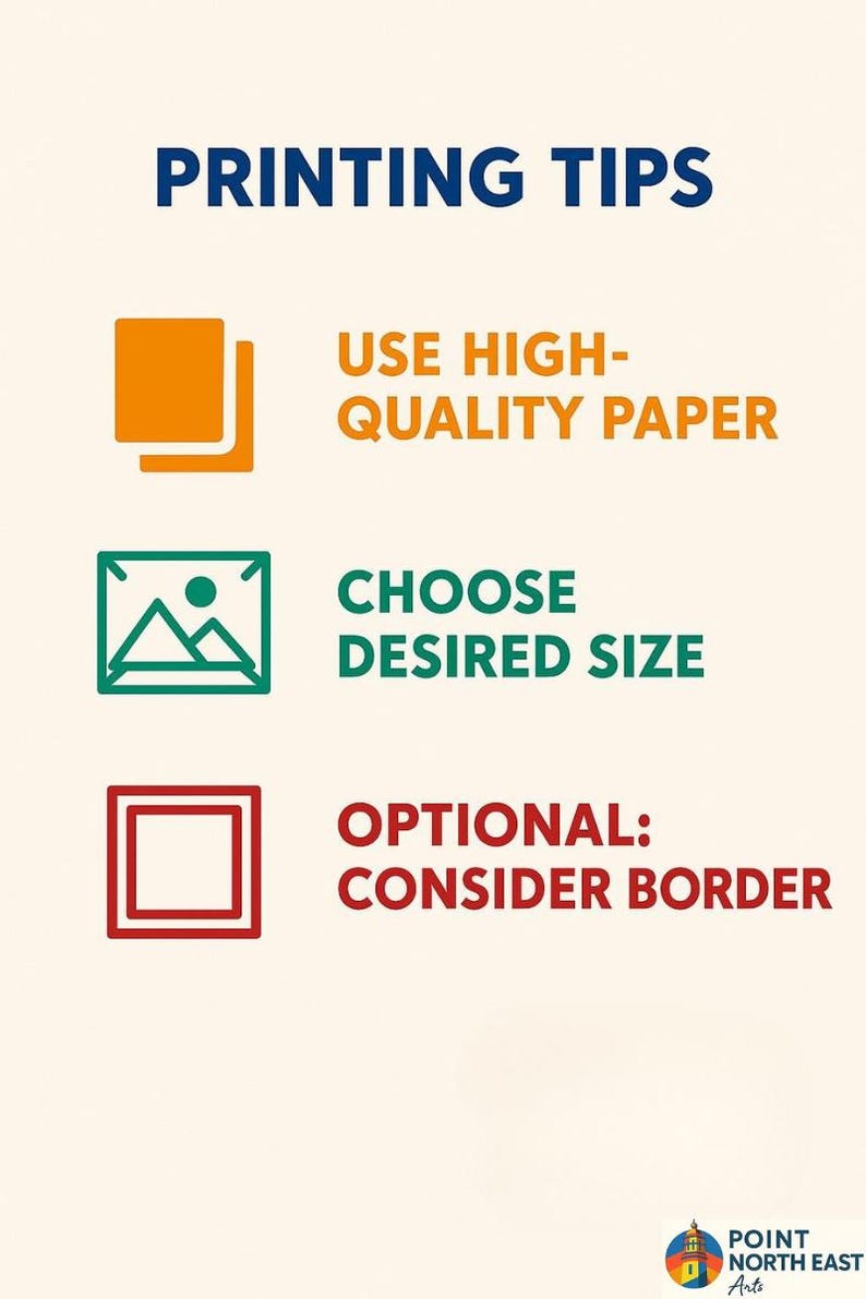 以下が含まれることがあります： 「PRINTING TIPS」というタイトルのインフォグラフィックで、「USE HIGH-QUALITY PAPER」、「CHOOSE DESIRED SIZE」、「OPTIONAL: CONSIDER BORDER」の3つのヒントがあります。Point North East Artsのロゴが一番下にあります。