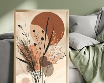 Impression botanique d'automne bohème : orange brûlé, beige et marron (téléchargement numérique