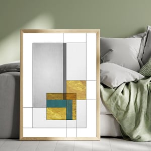 Modern Geometric Abstract Wall Art Print – Minimalist Grid Digital Download, Gold & Teal Block Decor