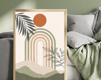 Desert Boho Art Print with Warm Earth Tones, Rainbow Botanical Silhouette – Minimalist Nature Wall Art for Neutral Boho Home Decor
