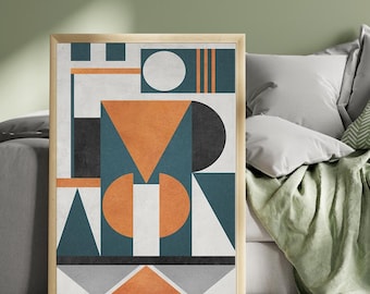 Moderner geometrischer abstrakter Kunst-Druck - Türkisfarbener und orangefarbener minimalistischer digitaler Download