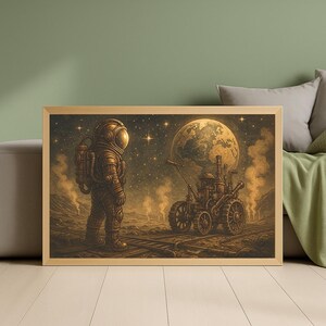 May include: A framed print depicts an astronaut on a lunar surface, facing a steampunk-style vehicle. The background features a starry sky and a large Earth-like planet. The artwork is rendered in sepia tones, with details of the astronaut's suit and the vehicle's mechanics.