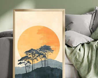 Desert Boho Art with Burnt Orange Sun and Forest Silhouette – Neutral Earth Tone Wall Decor, Minimalist Mountain Landscape Print