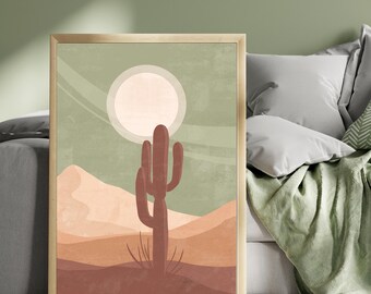 Desert Boho Art Print with Sage Green, Terracotta & Beige Tones – Minimalist Cactus Wall Art for Boho Bedroom or Living Room Decor
