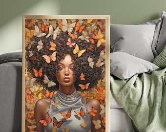 May include: A framed art print featuring a woman with curly brown hair adorned with orange and white butterflies. The woman wears a gray top, and the background is filled with autumn leaves and more butterflies. The artwork is in a wooden frame.