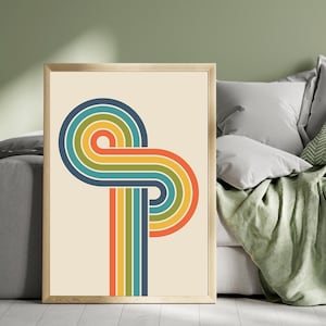 Retro Modernist Wall Art – Orange Navy Mustard Teal Line Print, Mid Century Abstract Poster for Colorful Vintage Home or Office Decor