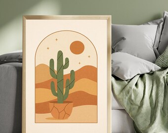 Green & Terracotta Cactus Wall Art – Boho Desert Landscape Print