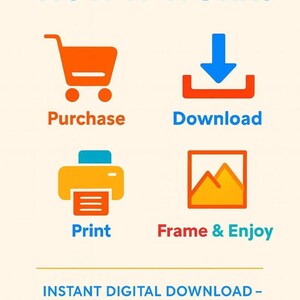 以下が含まれることがあります： 「HOW IT WORKS」のテキストと、購入、ダウンロード、印刷、フレームに入れて楽しむという4つのステップを示すインフォグラフィック。テキスト「INSTANT DIGITAL DOWNLOAD - NO PHYSICAL PRODUCT WILL BE SHIPPED」も含まれています。