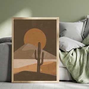 Boho Desert Wall Art in Earthy Brown, Beige, Burnt Orange & Tan – Minimalist Cactus Sunset Print for Southwestern Boho Decor