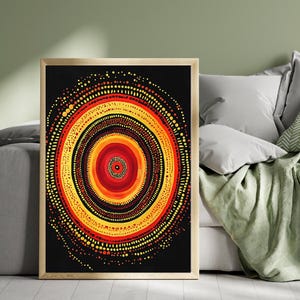 Pintura de puntos estilo mandala aborigen modernista: impresión artística digital en rojo, naranja y amarillo para decoración de pared bohemia o decoración tribal para el hogar.