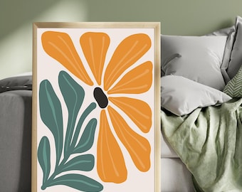 Orange and Green Flower Print: Modern Abstract Botanical Art (Digital Download