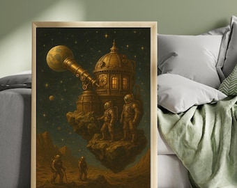 Original Steampunk Astronaut Observatory Art | Bronze & Midnight Blue Sci-Fi Wall Print | Retro Futuristic Space Exploration Decor