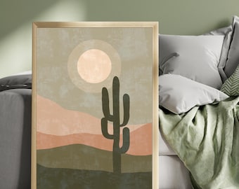 Desert Boho Art with Sage Green, Terracotta & Cactus – Earth Tone Minimalist Wall Art Print for Modern Boho, Neutral Southwest Decor