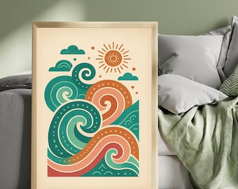 Retro Wellen Kunstdruck: Petrol, Orange, Koralle - Boho Strand Dekor (Digitaler Download)