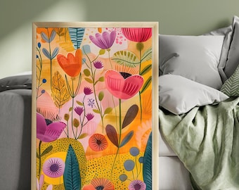 Impression florale moderniste : oeuvre d'art murale botanique colorée (téléchargement numérique)