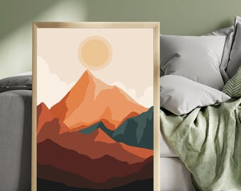 Desert Boho Art Print with Burnt Orange Mountains, Golden Sun & Earth Tones – Minimalist Landscape Wall Art for Boho Home Decor