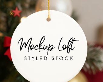 Christmas Ornament Mockup, White Ceramic Round Ornament, Styled Stock Photo, Blank Circle Bauble, JPG & Transparent PNG Digital Download