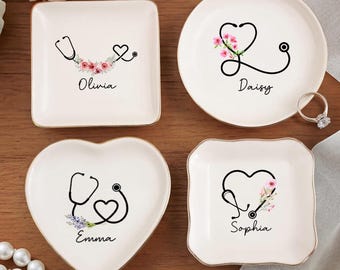 Personalized Nurse Jewelry Dish, Custom Name Trinket Dish, Stethoscope Ring Dish, Nurse Appreciation Gift, Gift for CNA,RN Gift,Jewelry Tray