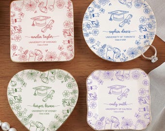 Graduierung Schmuck Schale, College Abschluss Geschenk für Sie, benutzerdefinierte Name Schmuckschale, Klasse von 2026 Andenken, Floral Graduate Geschenk