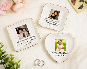 Fotocadeaus voor moeder trouwdag, aangepaste foto trouwringschaal, moeder van de bruidegom sieraden schaal, moeder van de bruid fotocadeaus, MOB-cadeaus