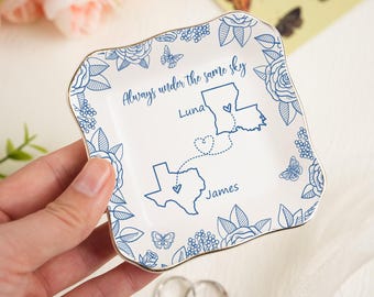 Always Under the Same Sky Jewelry Dish | Personalized Map Trinket Tray | Long Distance Friendship Gift | Custom Names