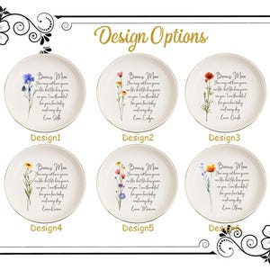 May include: Six decorative plates with floral designs and the text "Bonus Mom." Each plate features a different floral arrangement and a personalized message. The plates are cream-colored with gold rims, perfect for gifting.