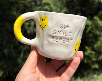 Handmade Ceramic Smile Face Mug: Unique Pottery Coffee Cup