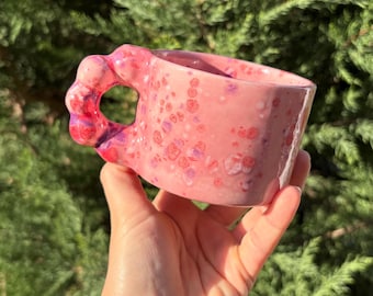 Handmade Pink Splash Ceramic Mug: Unique Pottery Coffee Cup