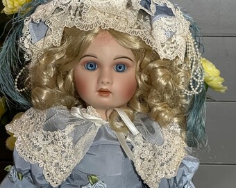 Large Vintage French Porcelain Doll, Victorian Lady Figurine in