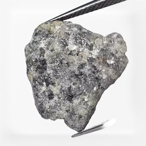 Puede incluir: Un diamante en bruto sin cortar sostenido por unas pinzas. El diamante tiene un aspecto moteado gris y negro con una forma ligeramente irregular. La superficie del diamante tiene un aspecto texturizado y cristalino.