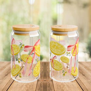 Freshly Squeezed Lemon Cup - 16oz Glass Can With Bamboo Lid & Straw | Aesthetic Summer Drinkware | Pink Ribbon Glass Cup