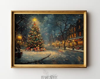 May include: A framed painting depicts a snowy Christmas scene. A decorated Christmas tree stands in the foreground, with gifts beneath it. Buildings line the street, illuminated by warm lights, and snow falls gently.