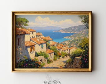 Paisaje de pueblo mediterráneo, arte mural impresionista costero (descarga digital) 237