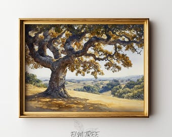 May include: A framed watercolor print of a large oak tree with sprawling branches and golden leaves. The artwork depicts a sunny landscape with rolling hills and a golden frame. The text "ELM TREE PRINTS" is at the bottom.