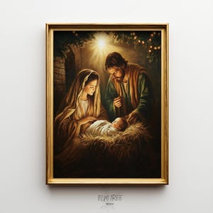 Szopka do druku – sztuka bożonarodzeniowa w stylu vintage, narodziny Jezusa Chrystusa, obraz Świętej Rodziny, rustykalny wystrój świąteczny, cyfrowa sztuka ścienna 2019