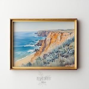 Terraced Cliffs and Ocean View Watercolour – Earthy Coastal Landscape, Summer Seaside Art, Digital Printable Nature Wall Decor