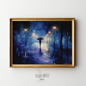 Moody Night Street Scene with Umbrella - Printable Watercolor Painting, Misty Blue Street Lights, Rainy Night Decor, Digital Wall Art 982