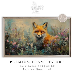 Puede incluir: Una obra de arte enmarcada que presenta una pintura de un zorro entre coloridas flores silvestres. El zorro tiene pelaje naranja y es el punto focal de la obra de arte. El fondo es de colores azules, verdes y morados. El texto "ELM TREE PRINTS" está en la parte superior.