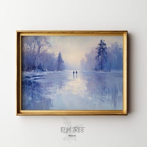 Winter Ice Skaters on Frozen Lake - Printable Blue Landscape Art, Rustic Winter Scene, Cottagecore Decor, Digital Wall Art Download 49
