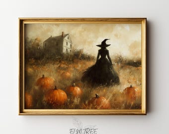 May include: A framed art print featuring a silhouette of a figure in a wide-brimmed hat and long dress standing in a pumpkin patch with orange pumpkins, dry grass, and a house in the background. The text ELM TREE PRINTS is visible below the frame.