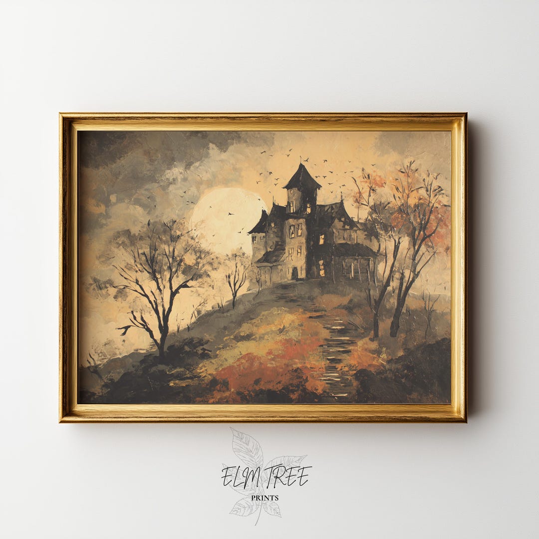 Halloween Haunted House on Hill - Moody Autumn Printable Wall Art ...