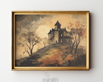 May include: A framed print of a spooky mansion on a hill, with a golden frame. The artwork features a dark color palette with a full moon in the background and bare trees. The text "ELM TREE PRINTS" is at the bottom.