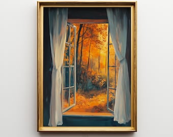 May include: A framed wall art print featuring an open window with white curtains looking out onto a forest with vibrant orange and yellow autumn foliage. The gold-toned frame surrounds the painting, which includes the text ELM TREE PRINTS.